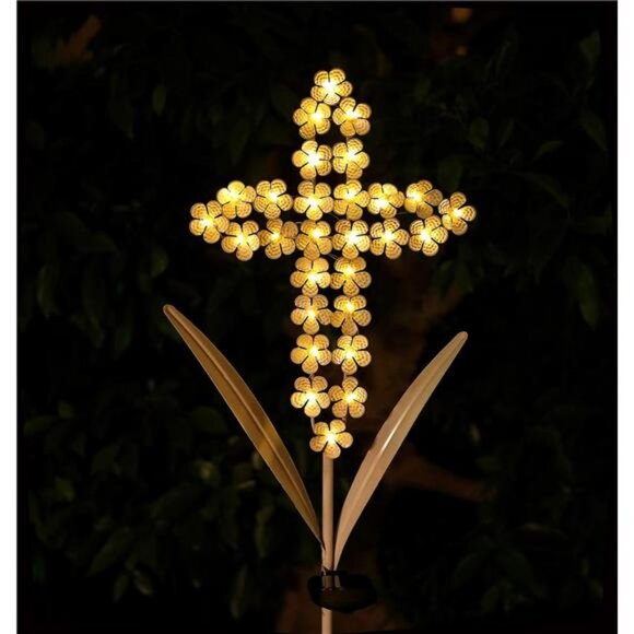 White Cross Garden Stake Solar Lights Metal Hydrangea Cross Stake Memorial Gift - Picture 1 of 7